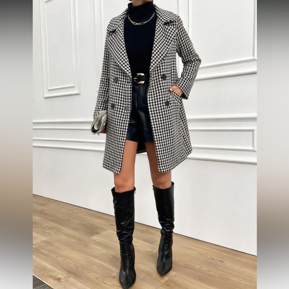 Houndstooth Tweed Double Breast Button Trench - Picture 5 of 5